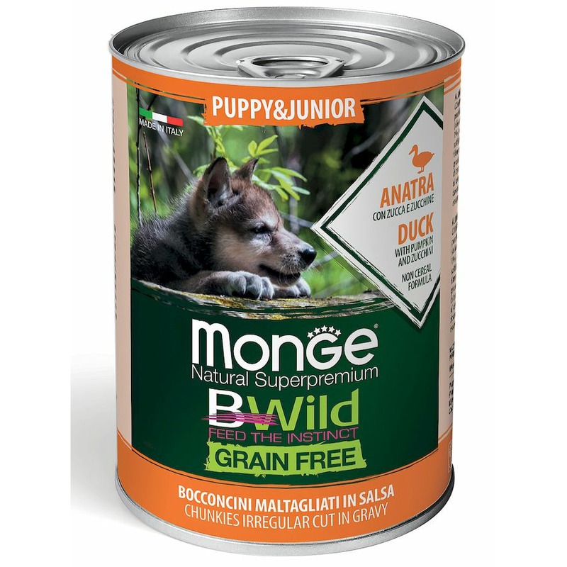 Monge Dog BWild Grain Free Puppy & Junior полнорационный влажный корм для щенков, беззерновой, с уткой, тыквой и кабачками, кусочки в соусе, в консервах - 400 г monge dog bwild low grain puppy