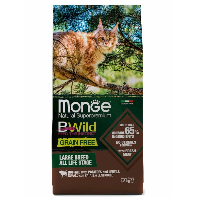 Monge Cat BWild Grain Free полнорационный сухой корм для котят и кошек крупных пород, беззерновой, с мясом буйвола - 1,5 кг
