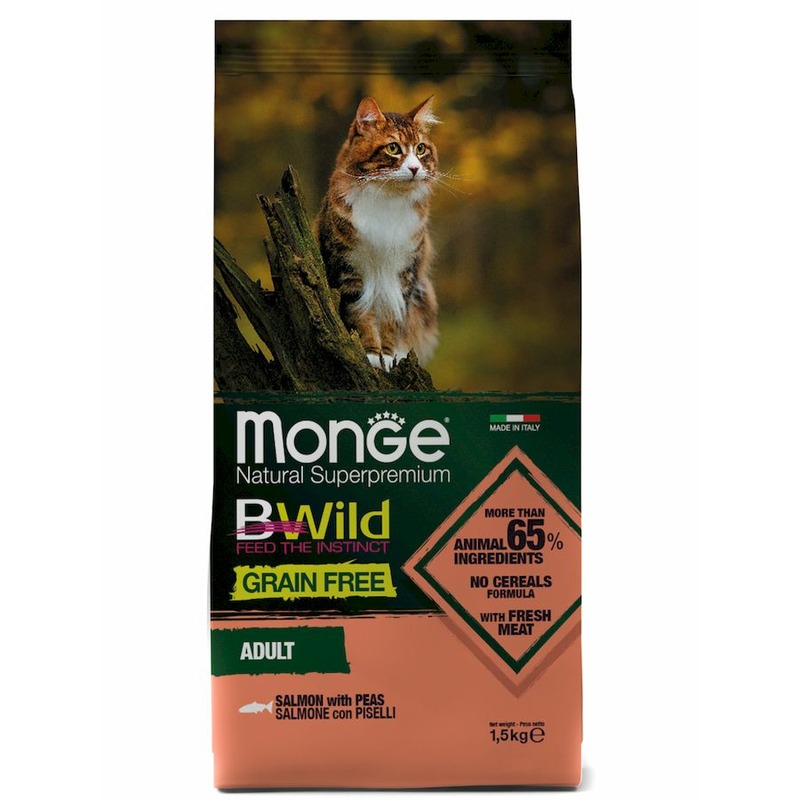 Monge Cat BWild Grain Free полнорационный сухой корм для кошек, беззерновой, с лососем и горохом - 1,5 кг