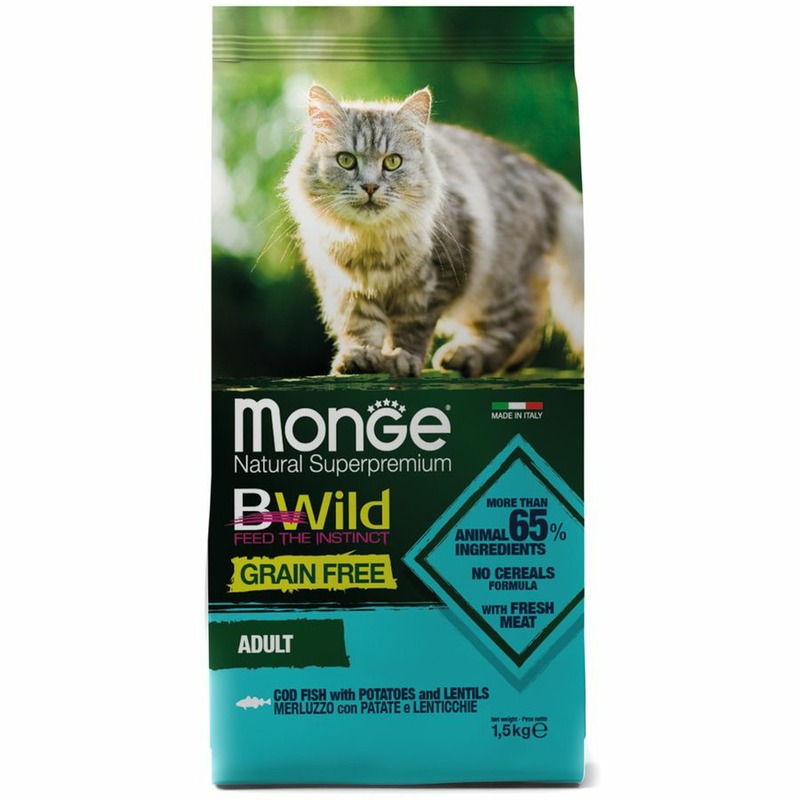 Monge Cat BWild Grain Free полнорационный сухой корм для кошек, беззерновой, с треской, картофелем и чечевицей - 1,5 кг