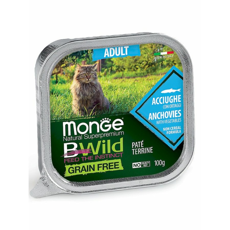 Monge Cat BWild Grain Free полнорационный влажный корм для кошек, беззерновой, паштет с анчоусами и овощами, в ламистерах - 100 г