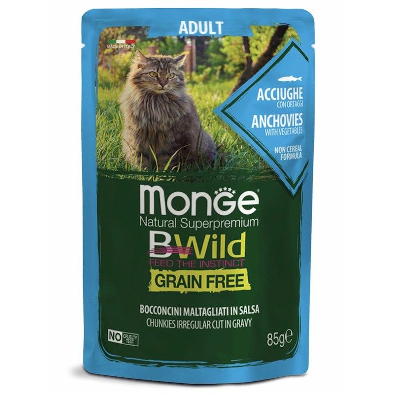 Monge Cat BWild Grain Free полнорационный влажный корм для кошек, беззерновой, с анчоусами и овощами, кусочки в соусе, в паучах - 85 г фасоль зеленая македония 500г