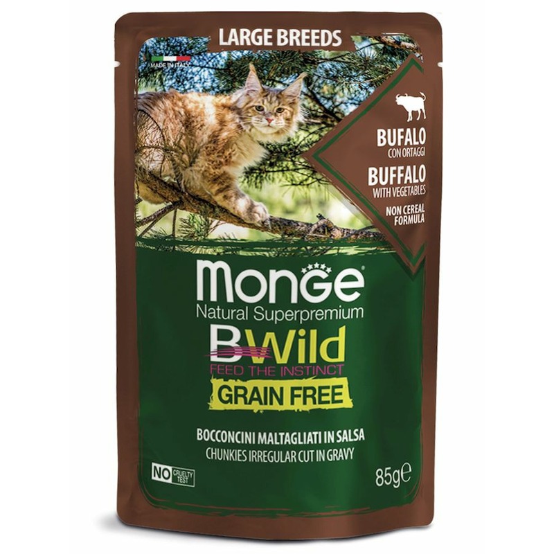 Monge Cat BWild Grain Free полнорационный влажный корм для кошек крупных пород, беззерновой, с мясом буйвола и овощами, кусочки в соусе, в паучах - 85 г фасоль мистраль маш зеленая 450 г