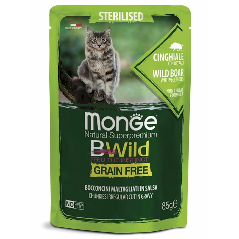 Monge Cat BWild Grain Free полнорационный влажный корм для стерилизованных кошек, беззерновой, с мясом дикого кабана и овощами, кусочки в соусе, в паучах - 85 г 39286