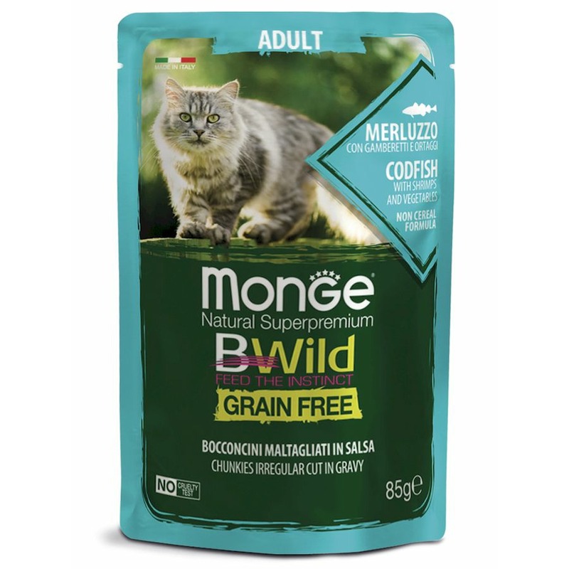 Monge Cat BWild Grain Free полнорационный влажный корм для кошек, беззерновой, с треской, креветками и овощами, кусочки в соусе, в паучах - 85 г фасоль зеленая македония 500г