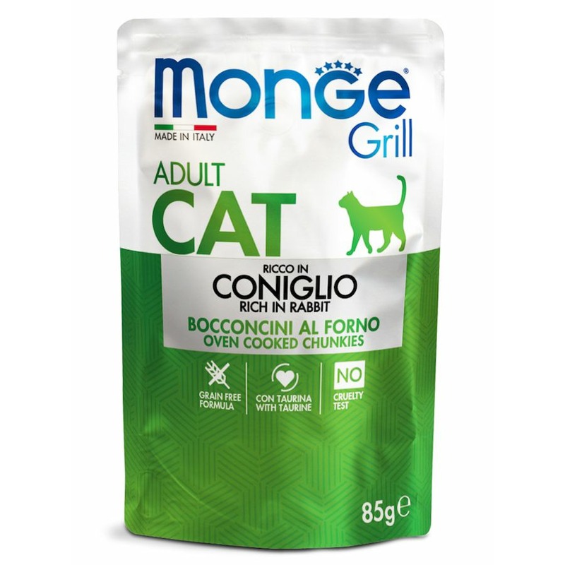 Monge Cat Grill полнорационный влажный корм для кошек, беззерновой, с итальянским кроликом, кусочки в желе, в паучах - 85 г