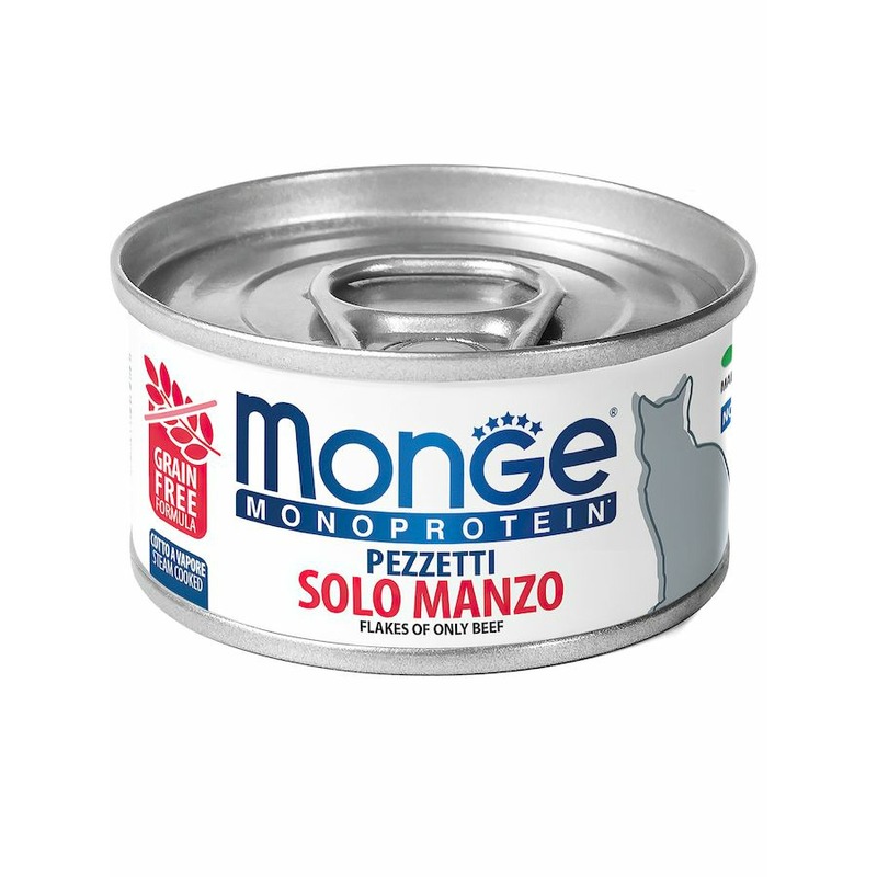 Monge Cat Monoprotein полнорационный влажный корм для кошек, беззерновой, с говядиной, мясные хлопья, в консервах - 80 г 36232
