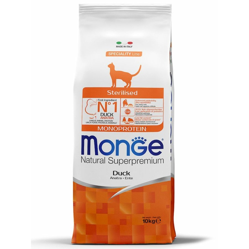 Monge Cat Speciality Line Monoprotein Sterilised полнорационный сухой корм для стерилизованных кошек, с уткой monge cat speciality line monoprotein полнорационный сухой корм для котят и беременных кошек с говядиной