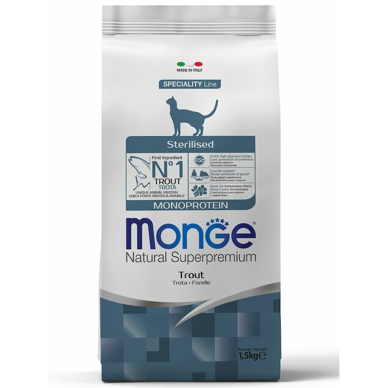 Monge Cat Speciality Line Monoprotein Sterilised сухой корм для стерилизованных кошек, с форелью monge speciality monoprotein cat sterilised trout монобелковый для взрослых кастрированных котов и стерилизованных кошек с форелью 10 10 кг