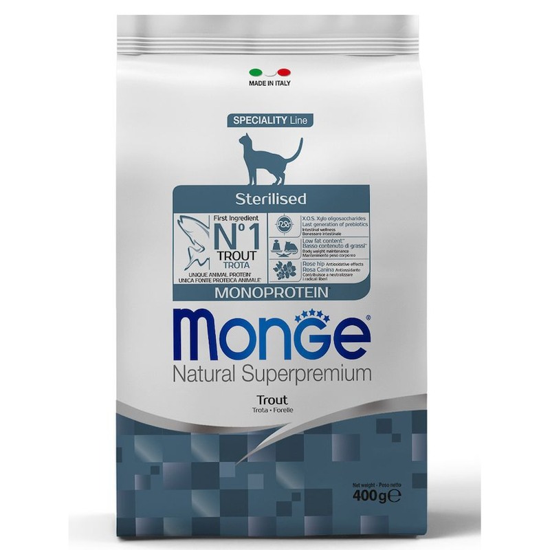 Monge Cat Speciality Line Monoprotein Sterilised сухой корм для стерилизованных кошек, с форелью - 400 г корм для кошек pro plan sterilised для стерилизованных кошек и кастрированных котов с лососем 400 г