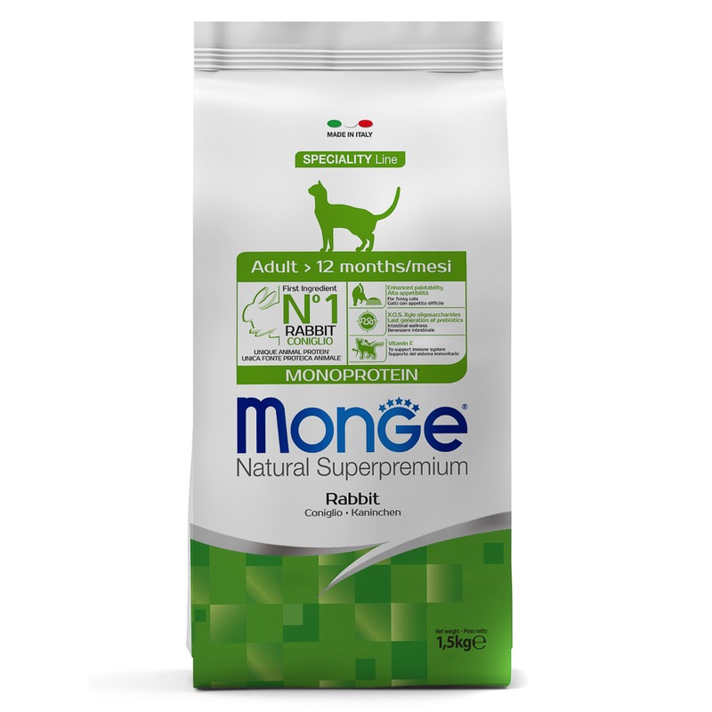 Monge Cat Speciality Line Monoprotein Adult полнорационный сухой корм для для кошек, с кроликом - 1,5 кг monge cat speciality line monoprotein sterilised полнорационный сухой корм для стерилизованных кошек с треской 1 5 кг
