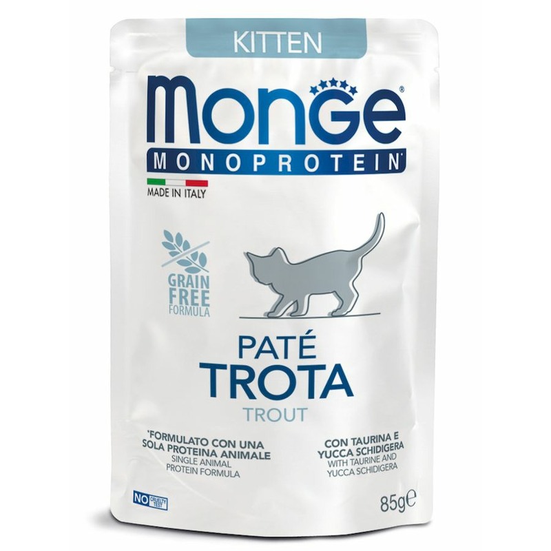 Monge Cat Monoprotein полнорационный влажный корм для котят, паштет с форелью, в паучах - 85 г monge cat grill pouch паучи для взрослых кошек новозеландский ягненок 85г х 10 шт