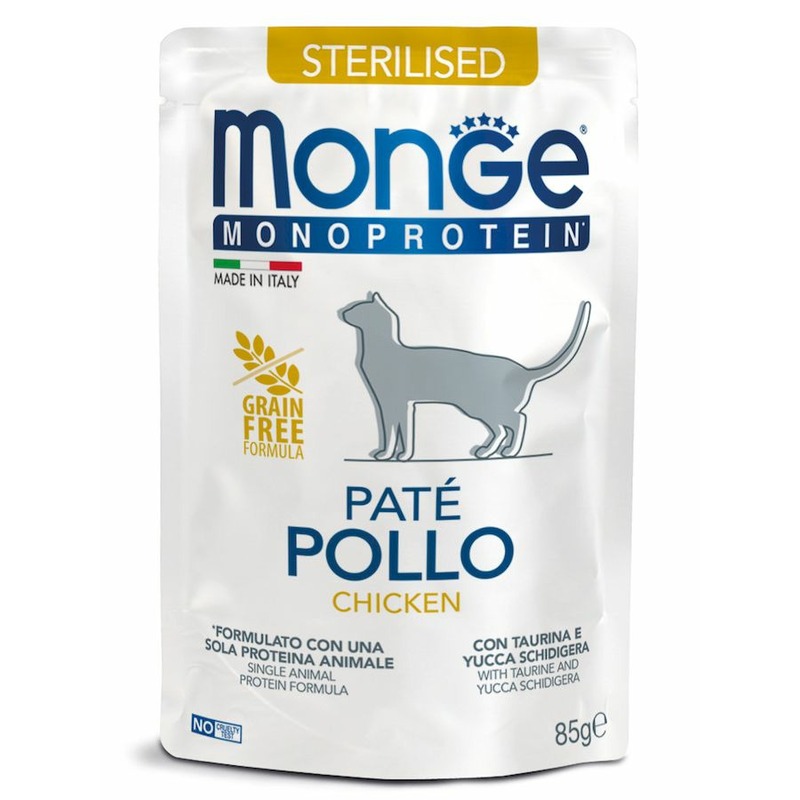 Monge Cat Monoprotein полнорационный влажный корм для стерилизованных кошек, беззерновой, паштет с курицей, в паучах - 85 г monge cat grill pouch паучи для взрослых кошек новозеландский ягненок 85г х 10 шт