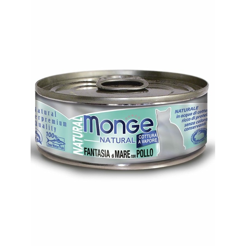 Monge Cat Natural влажный корм для кошек, с морепродуктами и курицей, кусочки в бульоне, в консервах - 80 г цена и фото