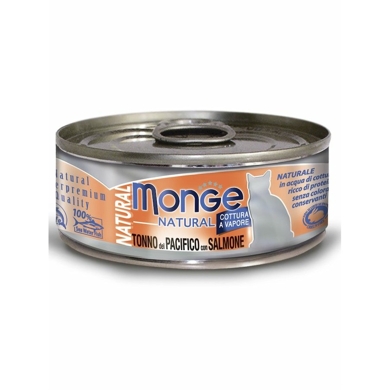 Monge Cat Natural влажный корм для кошек, с тунцом и лососем, кусочки в бульоне, в консервах - 80 г цена и фото