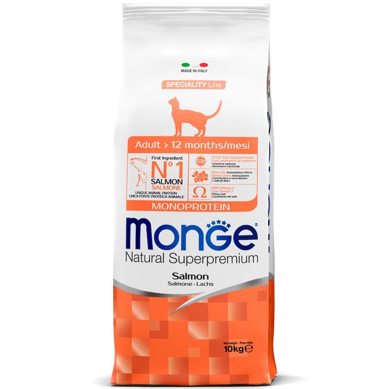 Monge Cat Speciality Line Monoprotein Adult полнорационный сухой корм для кошек, с лососем - 10 кг monge cat speciality line monoprotein полнорационный сухой корм для котят и беременных кошек с говядиной