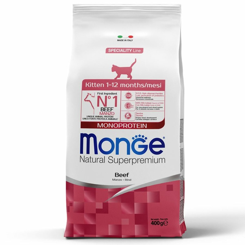 цена Monge Cat Speciality Line Monoprotein полнорационный сухой корм для котят и беременных кошек, с говядиной - 400 г