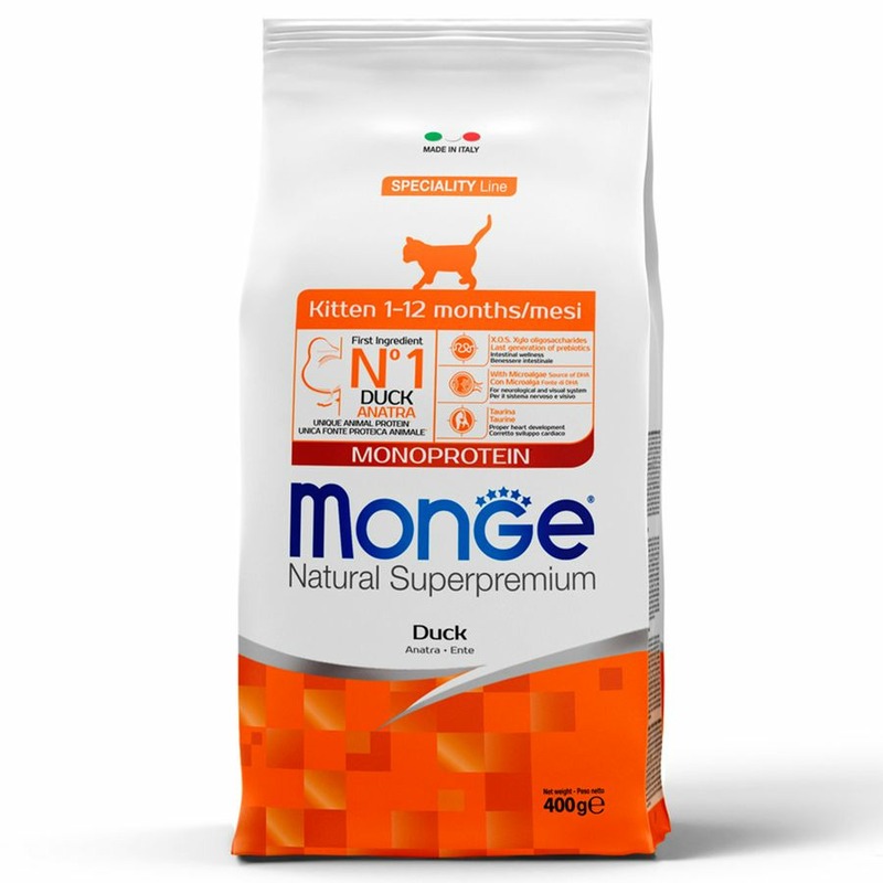 

Monge Cat Speciality Line Monoprotein полнорационный сухой корм для котят и беременных кошек, с уткой - 400 г повседневный супер премиум для котят с уткой  мешок Италия 1 уп. х 1 шт. х 0.4 кг