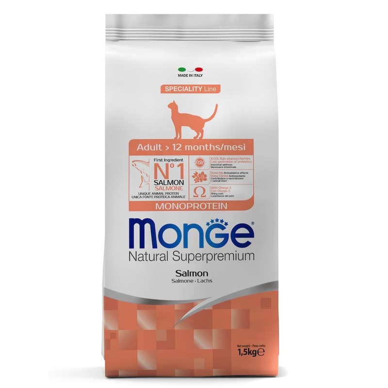Monge Cat Speciality Line Monoprotein Adult полнорационный сухой корм для кошек, с лососем monge cat speciality line monoprotein полнорационный сухой корм для котят и беременных кошек с говядиной