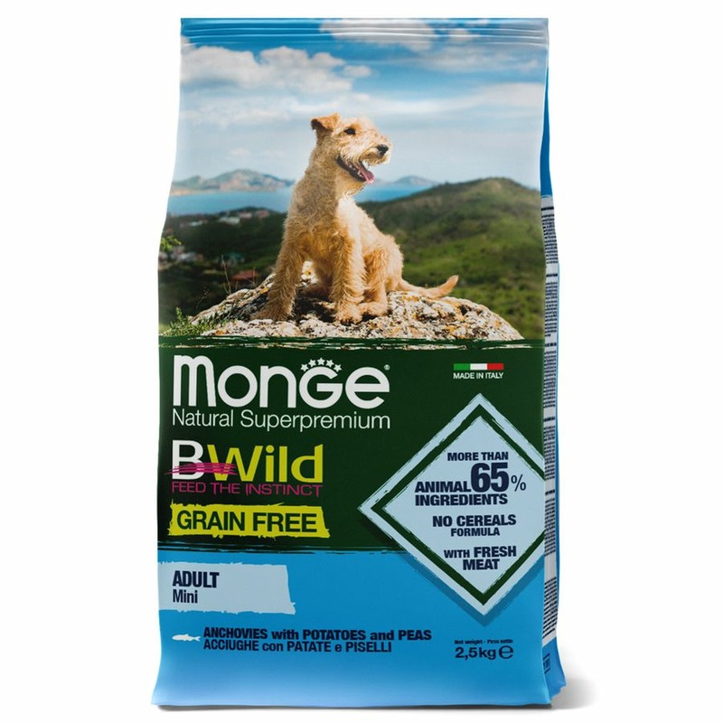 Monge Dog BWild Grain Free Mini полнорационный сухой корм для собак мелких пород, беззерновой, с анчоусом, картофелем и горохом - 2,5кг