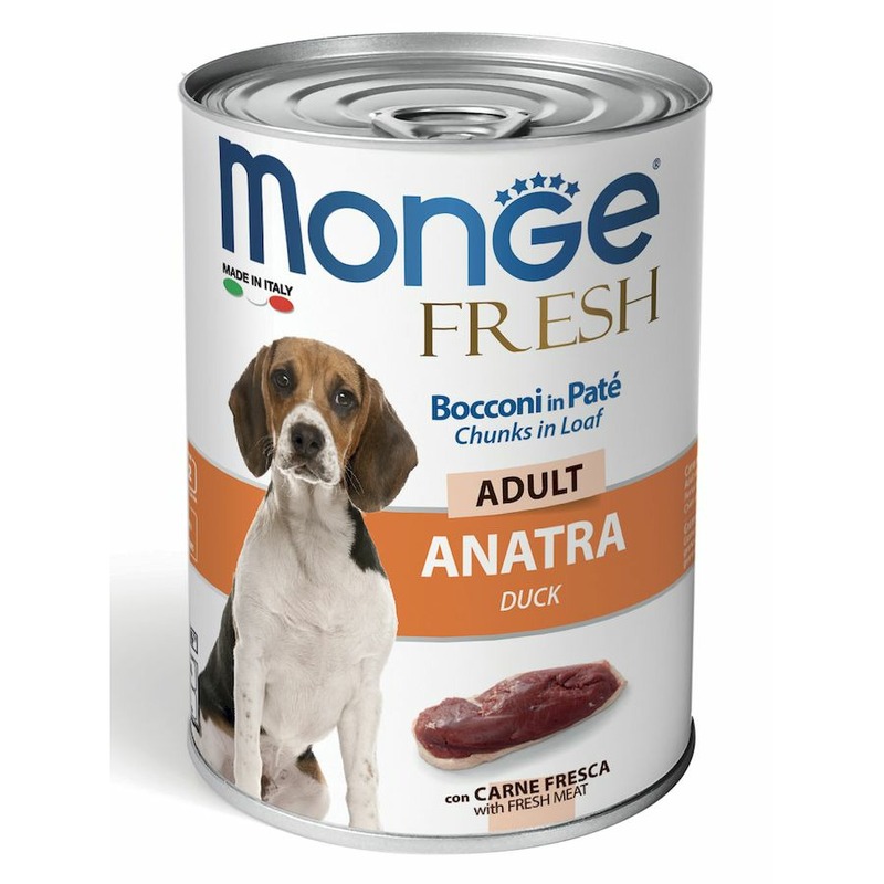 цена Monge Dog Fresh Chunks in Loaf полнорационный влажный корм для собак, с мясным рулетом из утки, кусочки в паштете, в консервах - 400 г