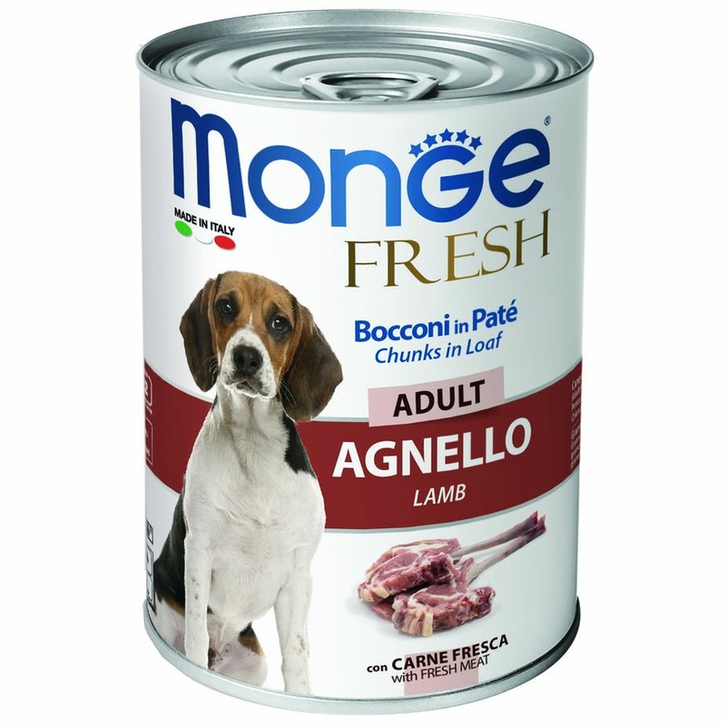 цена Monge Dog Fresh Chunks in Loaf полнорационный влажный корм для собак, мясной рулет из ягненка, кусочки в паштете, в консервах - 400 г