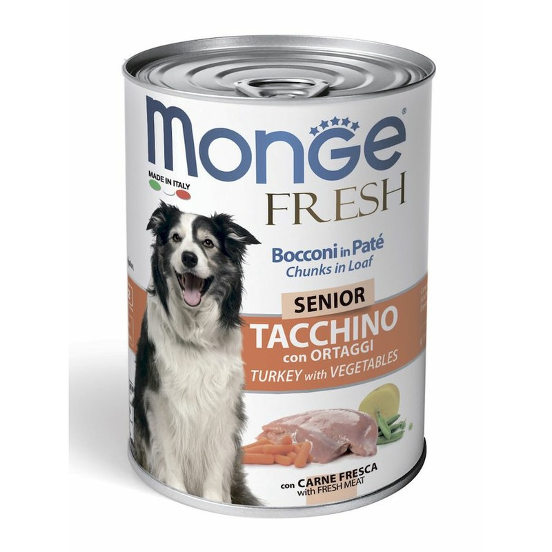 цена Monge Dog Fresh Chunks in Loaf полнорационный влажный корм для пожилых собак, мясной рулет из индейки и овощей, кусочки в паштете, в консервах - 400 г