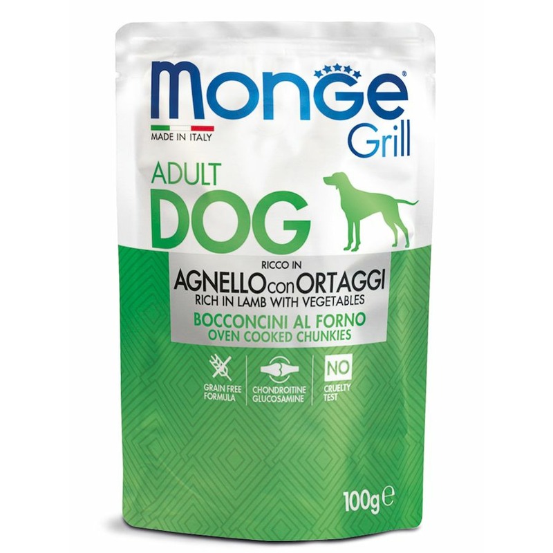 Monge Dog Grill полнорационный влажный корм для собак, беззерновой, c ягненком и овощами, кусочки в соусе, в паучах - 100 г фотографии