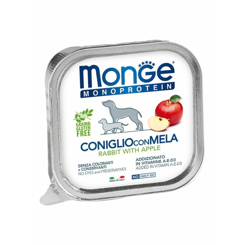 цена Monge Dog Natural Monoprotein Fruits полнорационный влажный корм для собак, беззерновой, паштет с кроликом и яблоком, в ламистерах - 150 г