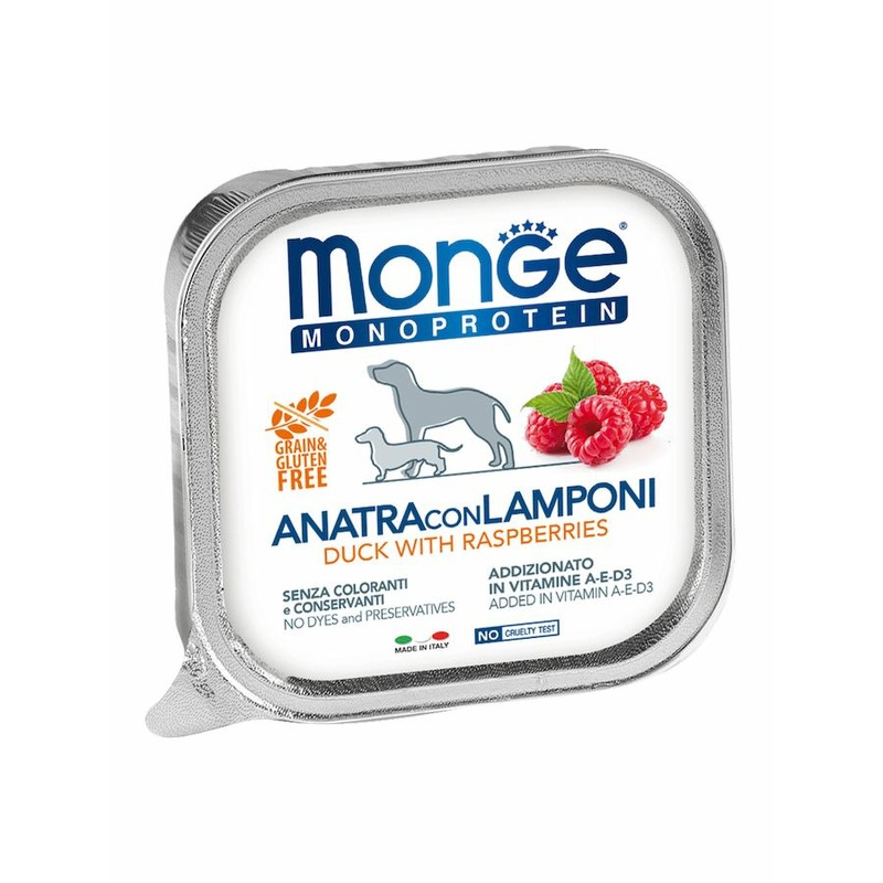 Monge Dog Natural Monoprotein Fruits полнорационный влажный корм для собак, беззерновой, паштет с уткой и малиной, в ламистерах - 150 г
