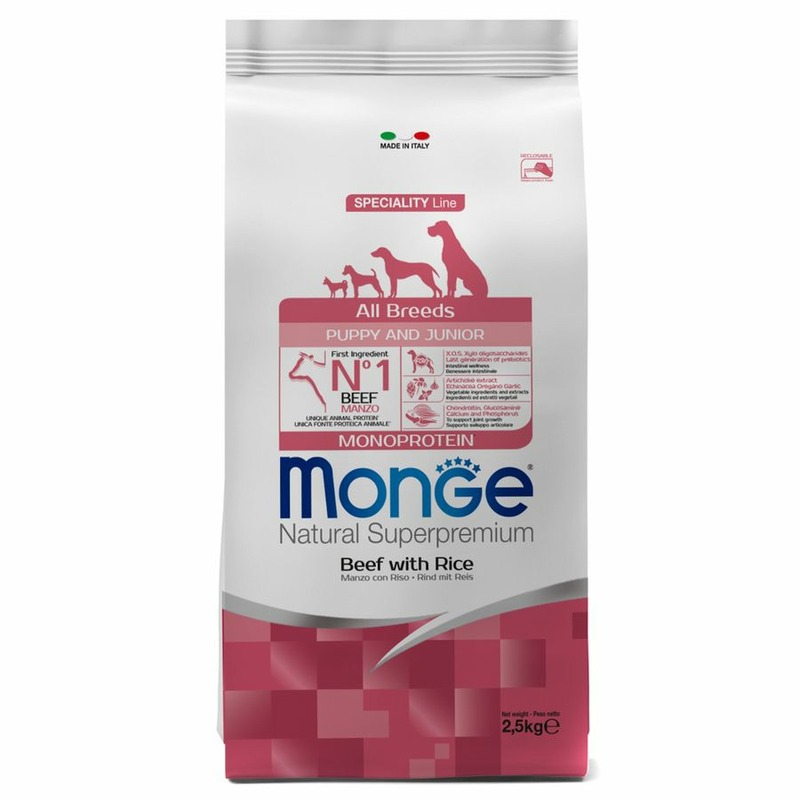 Monge Dog Speciality Line Monoprotein Puppy & Junior полнорационный сухой корм для щенков, с говядиной и рисом - 2,5 кг monge speciality monoprotein puppy