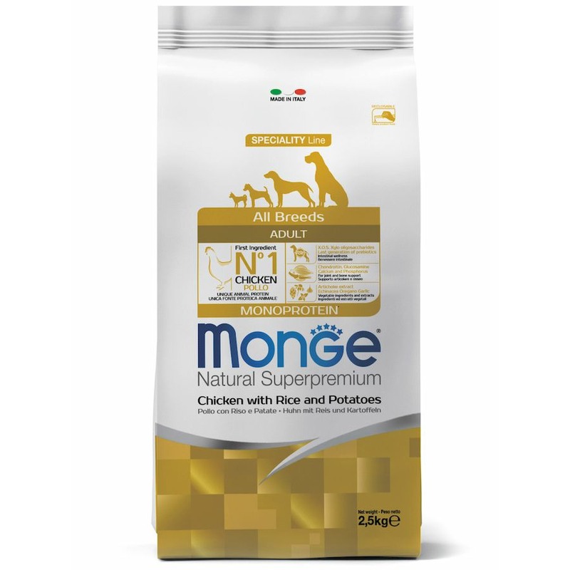 Monge Dog Speciality Line Monoprotein полнорационный сухой корм для собак, с курицей, рисом и картофелем- 2,5 кг monge dog speciality active полнорационный сухой корм для собак с высокой активностью с курицей 12 кг
