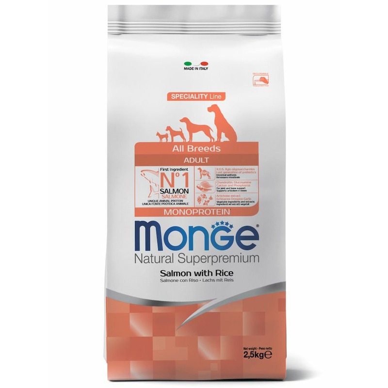 Monge Dog Speciality Line Monoprotein полнорационный сухой корм для собак, с лососем и рисом - 2,5 кг monge dog speciality line monoprotein extra small полнорационный сухой корм для собак миниатюрных пород с лососем и рисом 800 г