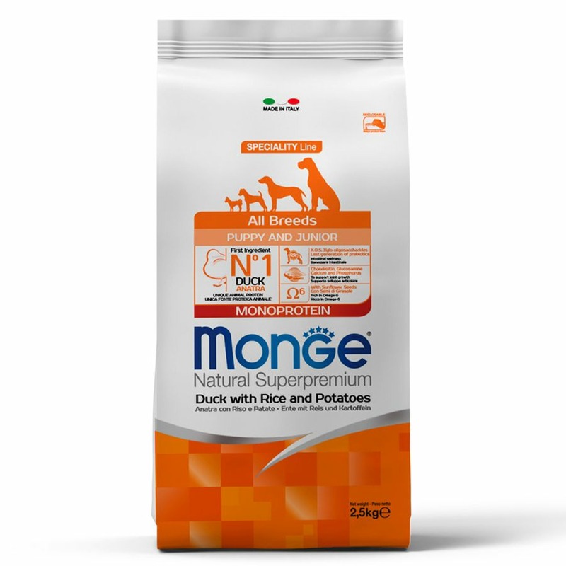 Monge Dog Speciality Line Monoprotein полнорационный сухой корм для щенков, с уткой, рисом и картофелем - 2,5 кг monge dog speciality line monoprotein mini полнорационный сухой корм для щенков мелких пород с ягненком и рисом 7 5 кг