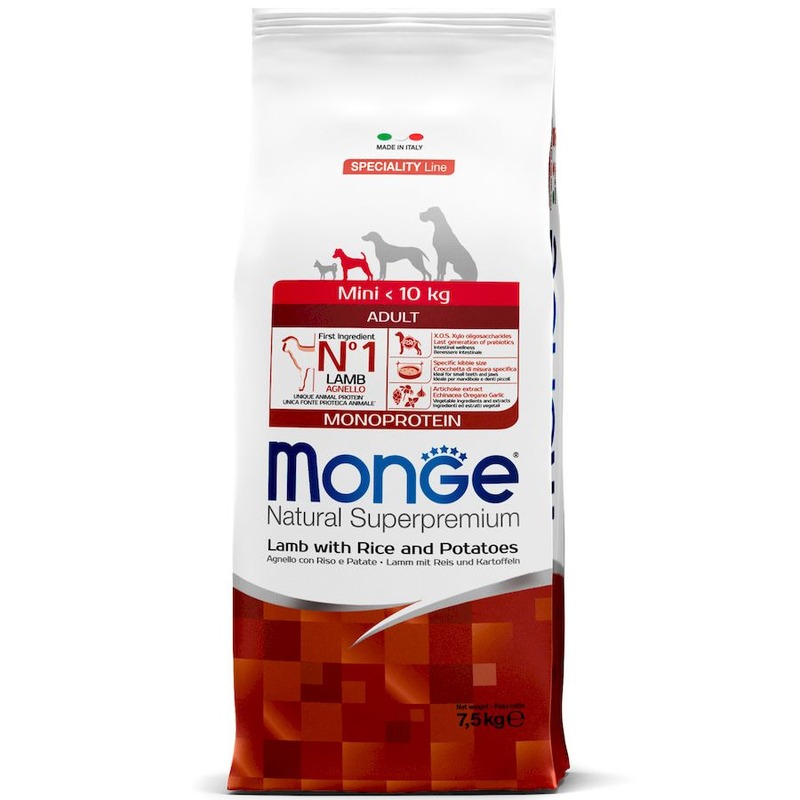 Monge Dog Speciality Line Monoprotein Mini полнорационный сухой корм для собак мелких пород, с ягненком, рисом и картофелем повседневный супер премиум для взрослых с ягненком породы мелкого размера мешок Италия 1 уп. х 1 шт. х 7.5 кг