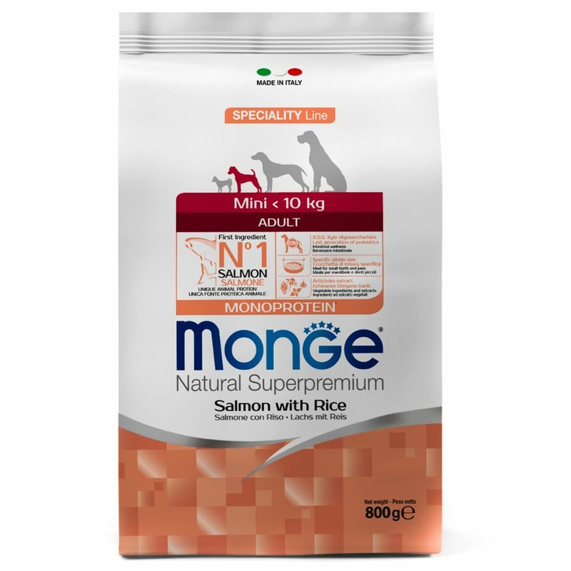 Monge Dog Speciality Line Monoprotein Mini полнорационный сухой корм для собак мелких пород, с лососем и рисом - 800 г monge dog speciality line monoprotein mini полнорационный сухой корм для собак мелких пород с ягненком рисом и картофелем 800 г