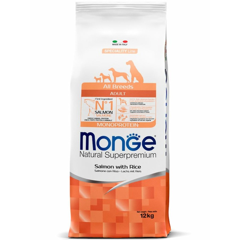 Monge Dog Speciality Line Monoprotein полнорационный сухой корм для собак, с лососем и рисом monge dog speciality light полнорационный сухой корм для собак низкокалорийный с лососем и рисом