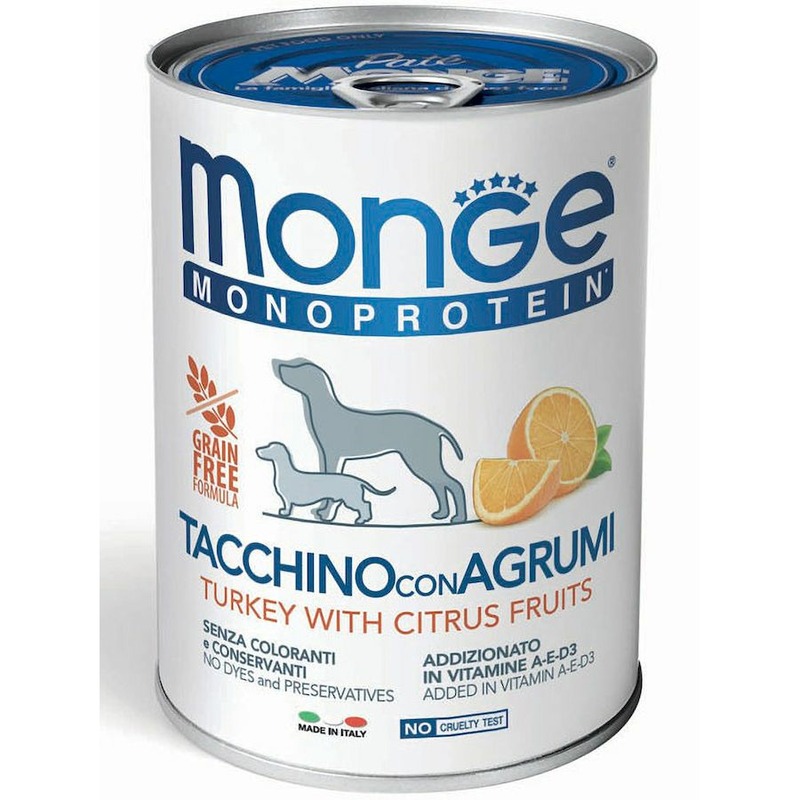 Monge Dog Natural Monoprotein Fruits полнорационный влажный корм для собак, беззерновой, паштет с индейкой, рисом и цитрусовыми, в консервах - 400 г корм влажный monge monoproteico solo паштет для собак из мяса индейки 150 г