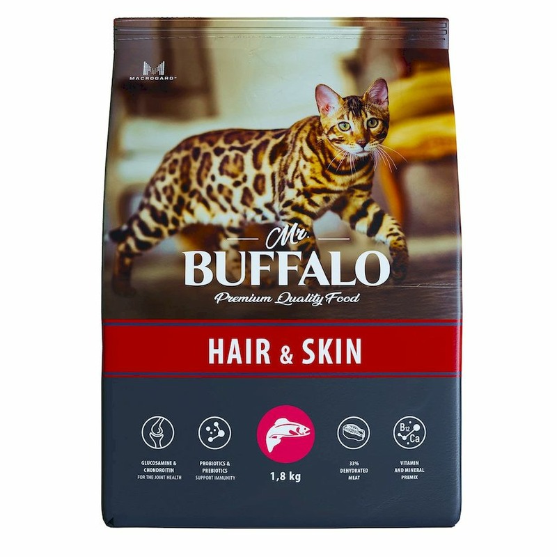 Mr. Buffalo Adult Hair & Skin полнорационный сухой корм для котов и кошек, для здоровой кожи и красивой шерсти, с лососем mr buffalo mr buffalo колбаски для кошек с мясом кролика 3 шт 21 г