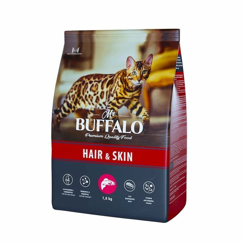 цена Mr. Buffalo Adult Hair & Skin полнорационный сухой корм для котов и кошек, для здоровой кожи и красивой шерсти, с лососем