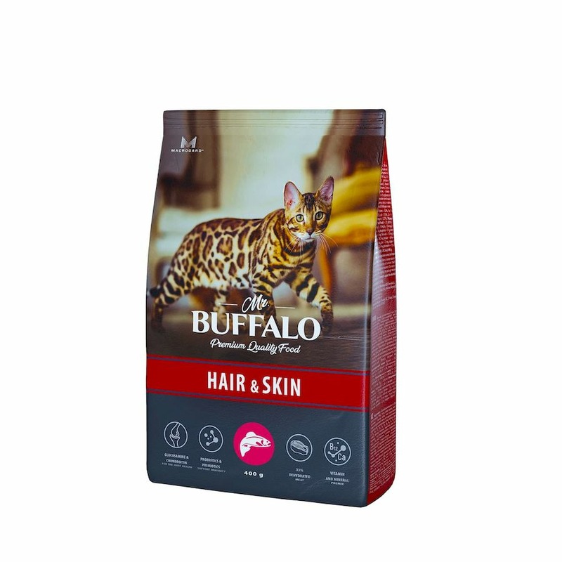 Mr. Buffalo Adult Hair & Skin полнорационный сухой корм для котов и кошек, для здоровой кожи и красивой шерсти, с лососем - 400 г