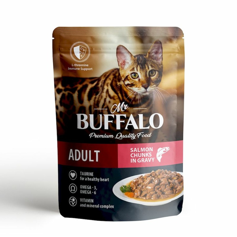 Mr. Buffalo Adult Hair & Skin влажный корм для котов и кошек, для кожи и шерсти, с лососем, кусочки в соусе, в паучах - 85 г mr buffalo mr buffalo паучи для кошек для кожи и шерсти лосось в соусе 85 г