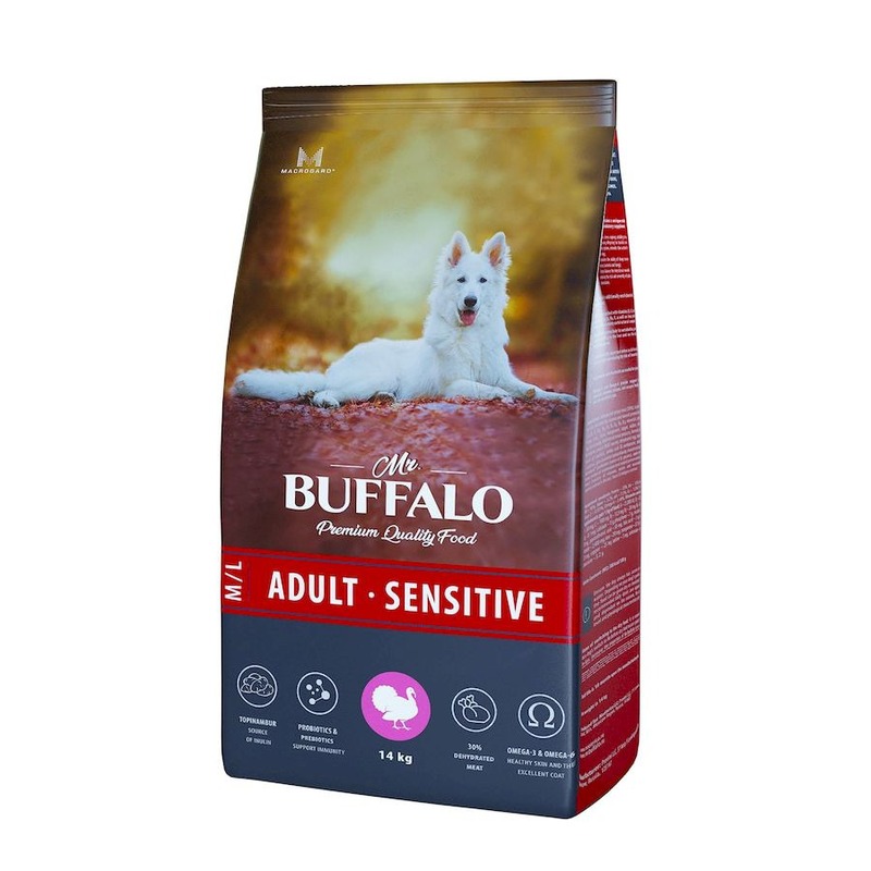 цена Mr. Buffalo Adult M/L Sensitive полнорацинный сухой корм для собак средних и крупных пород с чувствительным пищеварением, с индейкой