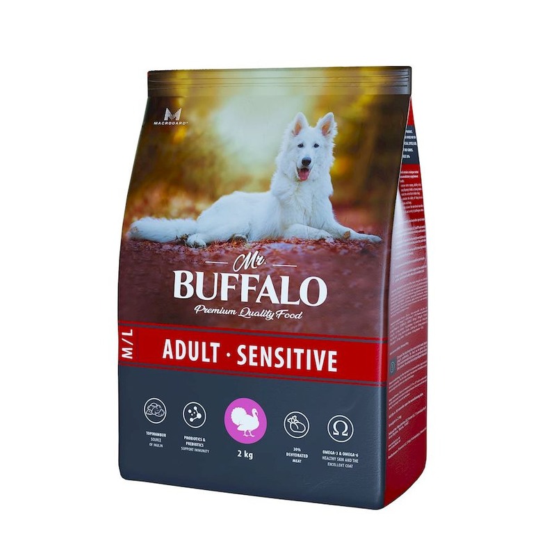 Mr. Buffalo Adult M/L Sensitive полнорацинный сухой корм для собак средних и крупных пород с чувствительным пищеварением, с индейкой - 2 кг mr buffalo mr buffalo паучи для кошек с чувствительным пищеварением индейка в соусе 85 г