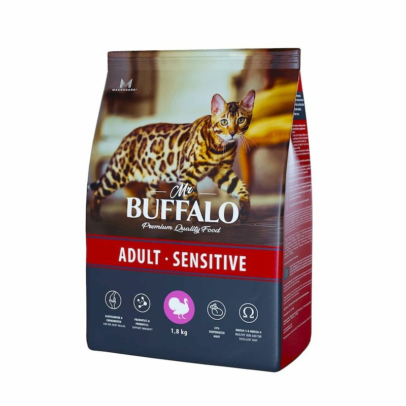 цена Mr. Buffalo Adult Sensitive полнорационный сухой корм для котов и кошек с чувствительным пищеварением, с индейкой - 1,8 кг