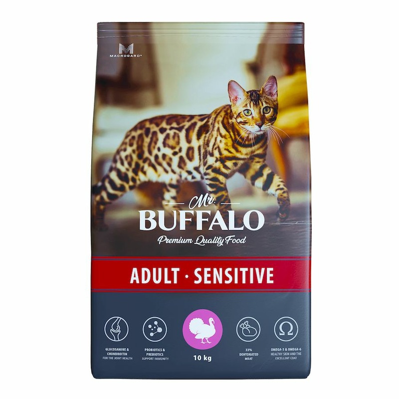 Mr. Buffalo Adult Sensitive полнорационный сухой корм для котов и кошек с чувствительным пищеварением, с индейкой mr buffalo mr buffalo паучи для кошек с чувствительным пищеварением индейка в соусе 85 г