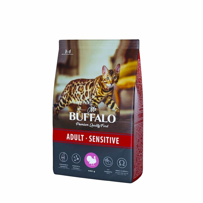 цена Mr. Buffalo Adult Sensitive полнорационный сухой корм для котов и кошек с чувствительным пищеварением, с индейкой - 400 г