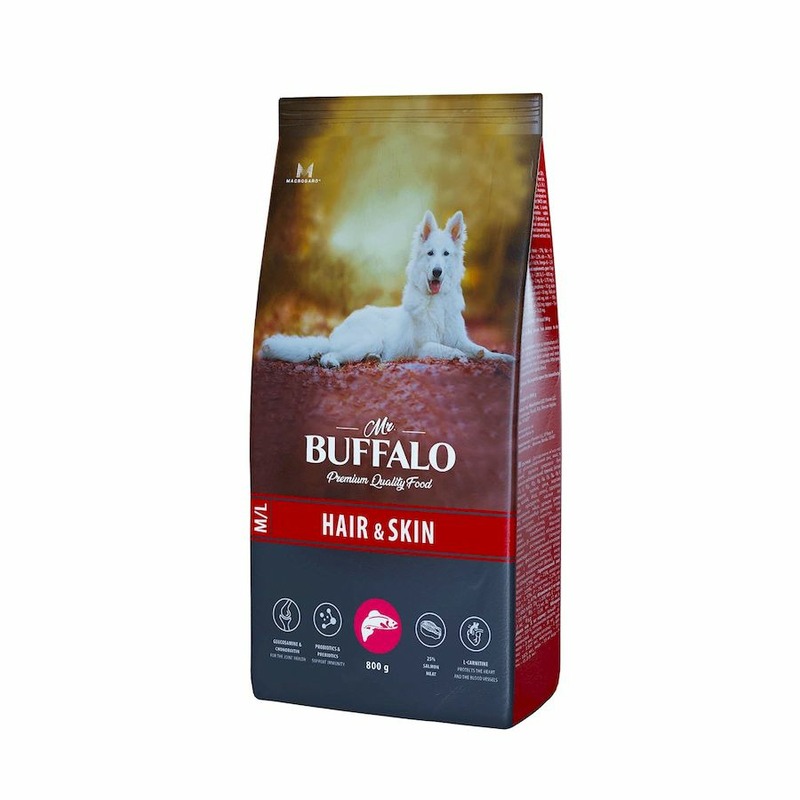 Mr. Buffalo Hair & Skin Care полнорационный сухой корм для собак, для здоровой кожи и красивой шерсти, с лососем - 800 г