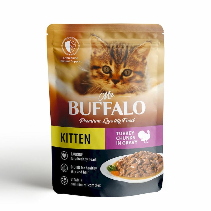 Mr. Buffalo Kitten влажный корм для котят, с индейкой на пару, кусочки в соусе, в паучах - 85 г mr buffalo mr buffalo паучи для стерилизованных кошек цыпленок в соусе 85 г