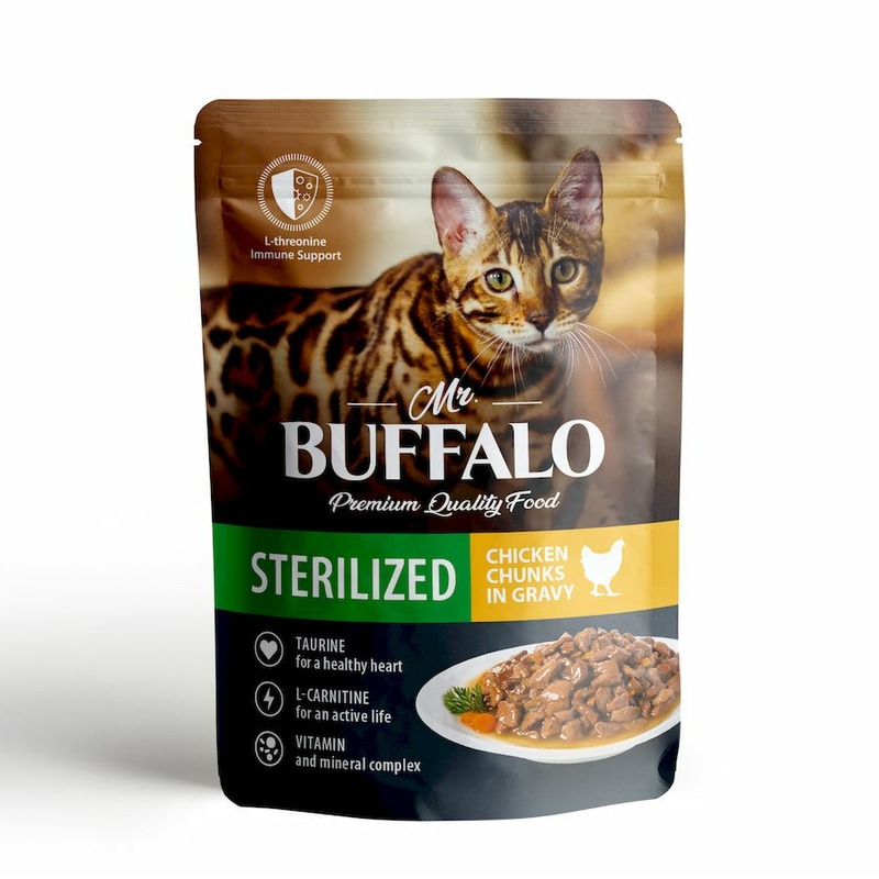 цена Mr. Buffalo Sterilized влажный корм для стерилизованных котов и кошек, с цыпленком, кусочки в соусе, в паучах - 85 г